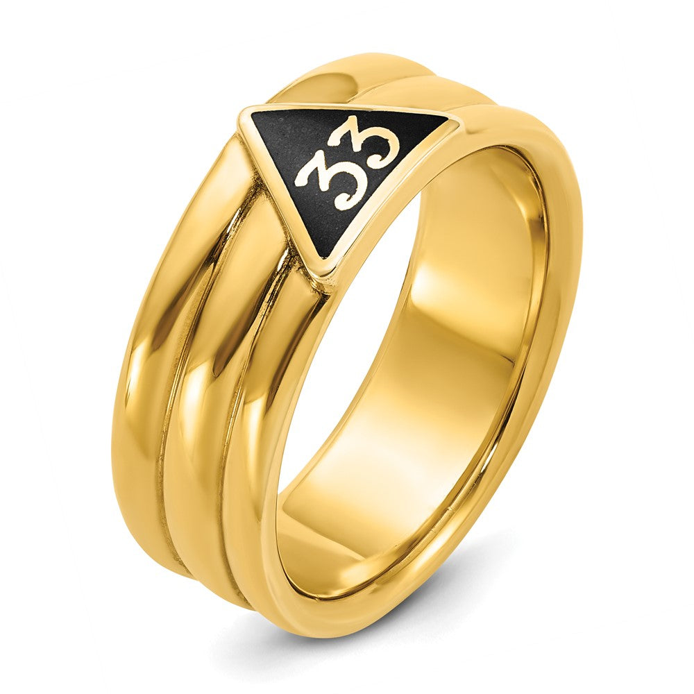 10K Yellow Gold Ibgoodman Men'S Polished And Grooved With Black Enamel Active 33Rd Degree Masonic Ring