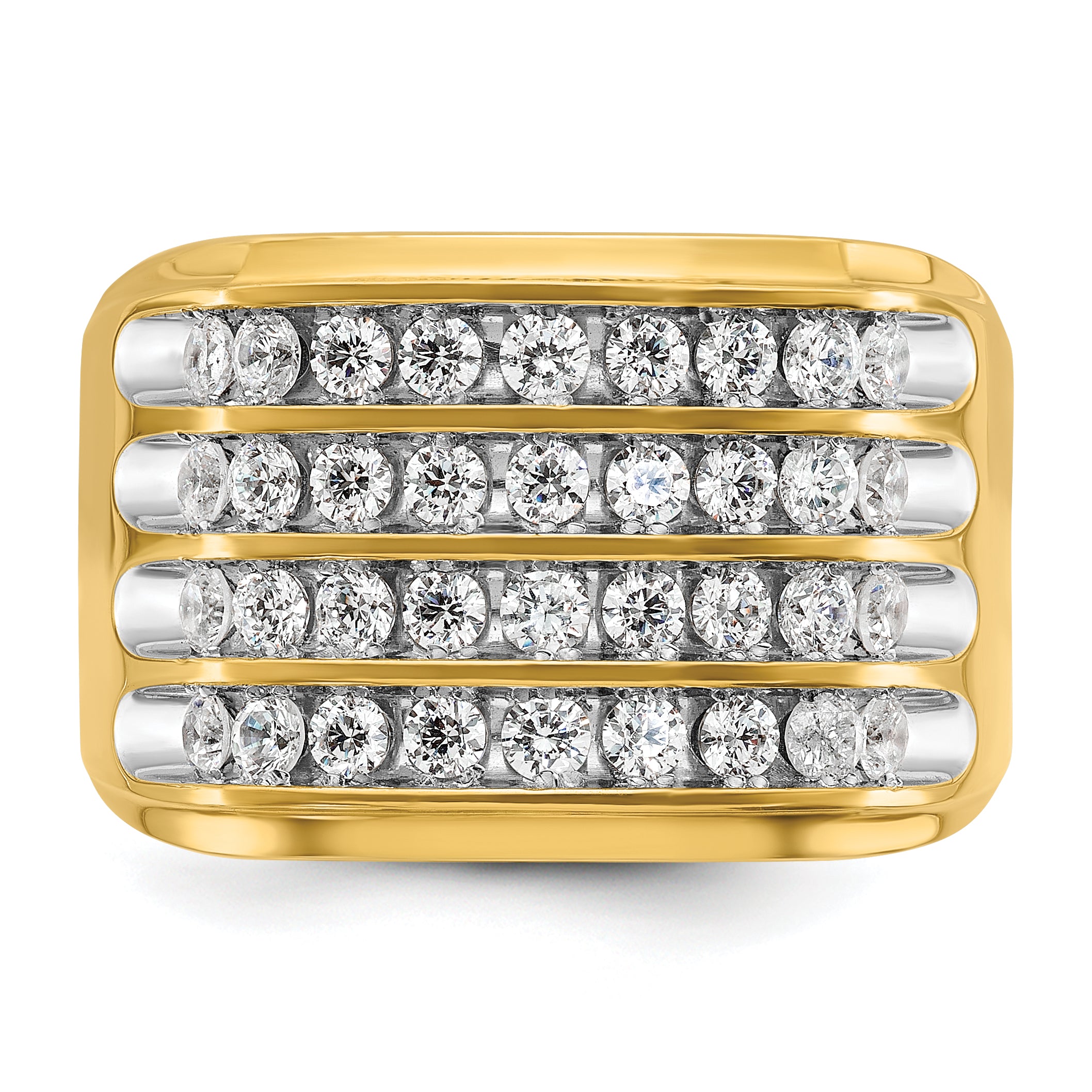 10K Yellow Gold Ibgoodman With White Rhodium Men'S Polished And Grooved 4-Row 1 1/5 Carat A Quality Diamond Ring