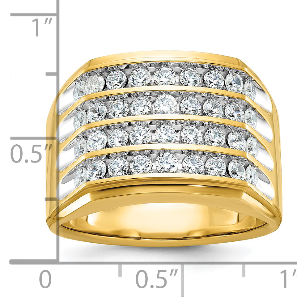10K Yellow Gold Ibgoodman With White Rhodium Men'S Polished And Grooved 4-Row 1 1/5 Carat A Quality Diamond Ring