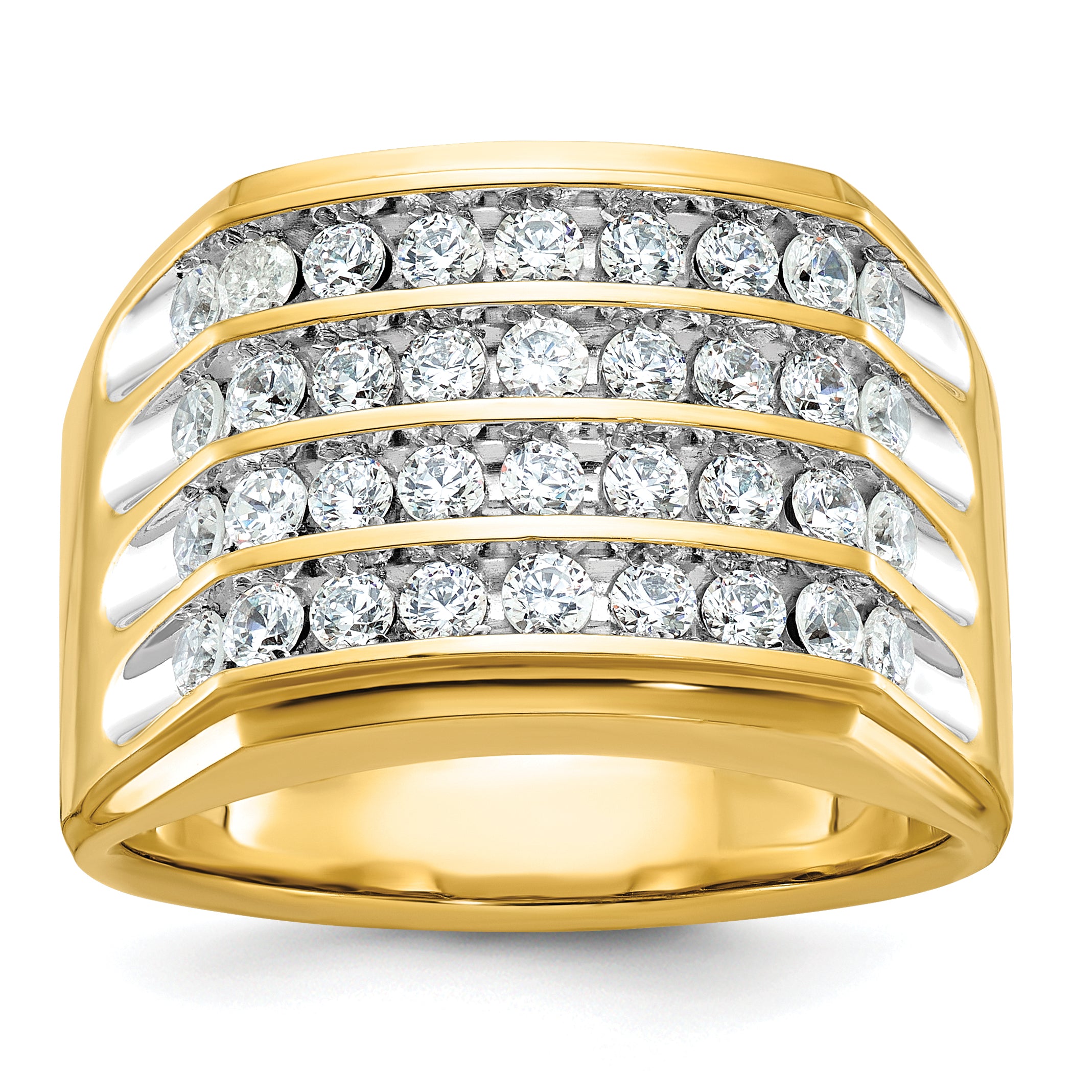 10K Yellow Gold Ibgoodman With White Rhodium Men'S Polished And Grooved 4-Row 1 1/5 Carat A Quality Diamond Ring