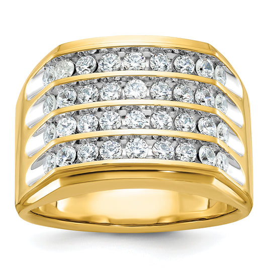 10K Yellow Gold Ibgoodman With White Rhodium Men'S Polished And Grooved 4-Row 1 1/5 Carat A Quality Diamond Ring