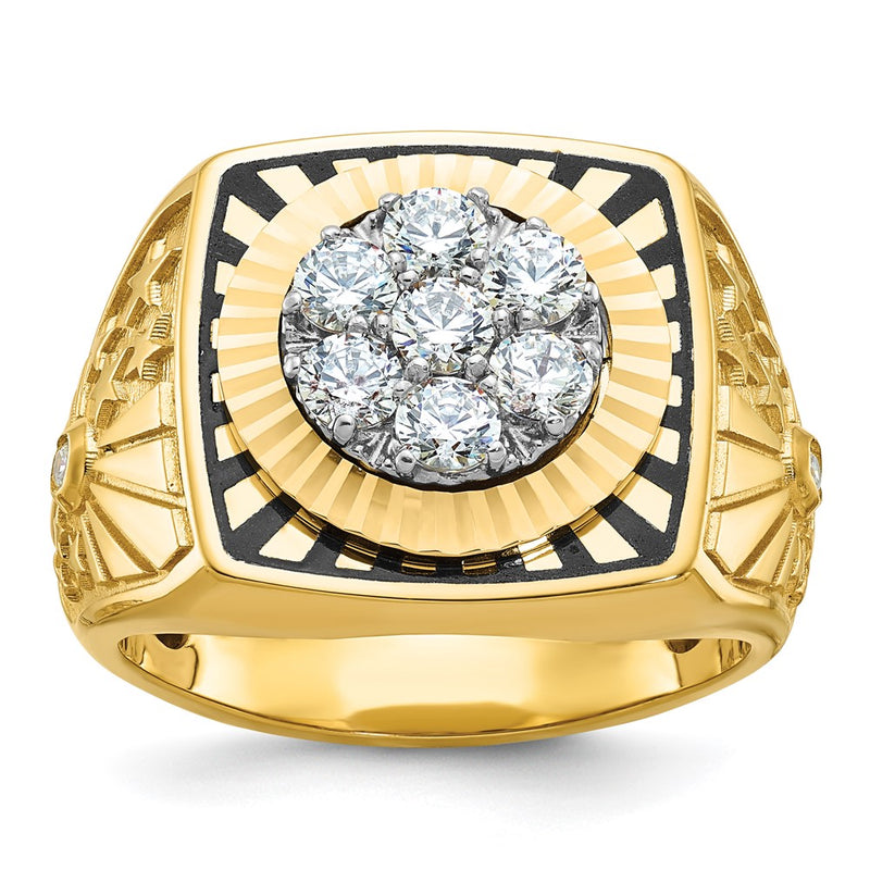 10K Two-Tone Ibgoodman With Black Enamel Men'S Polished Textured And Diamond-Cut 1 Carat A Quality Diamond Stars Stripes Round Cluster Ring