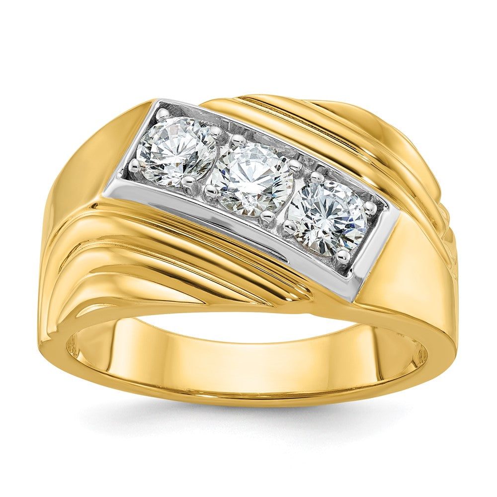 14k Yellow & Rhodium  with White 1 Ct. Lab Grown Diamond VS/SI+ G+ Complete Polished and Grooved Three Stone Men's Ring