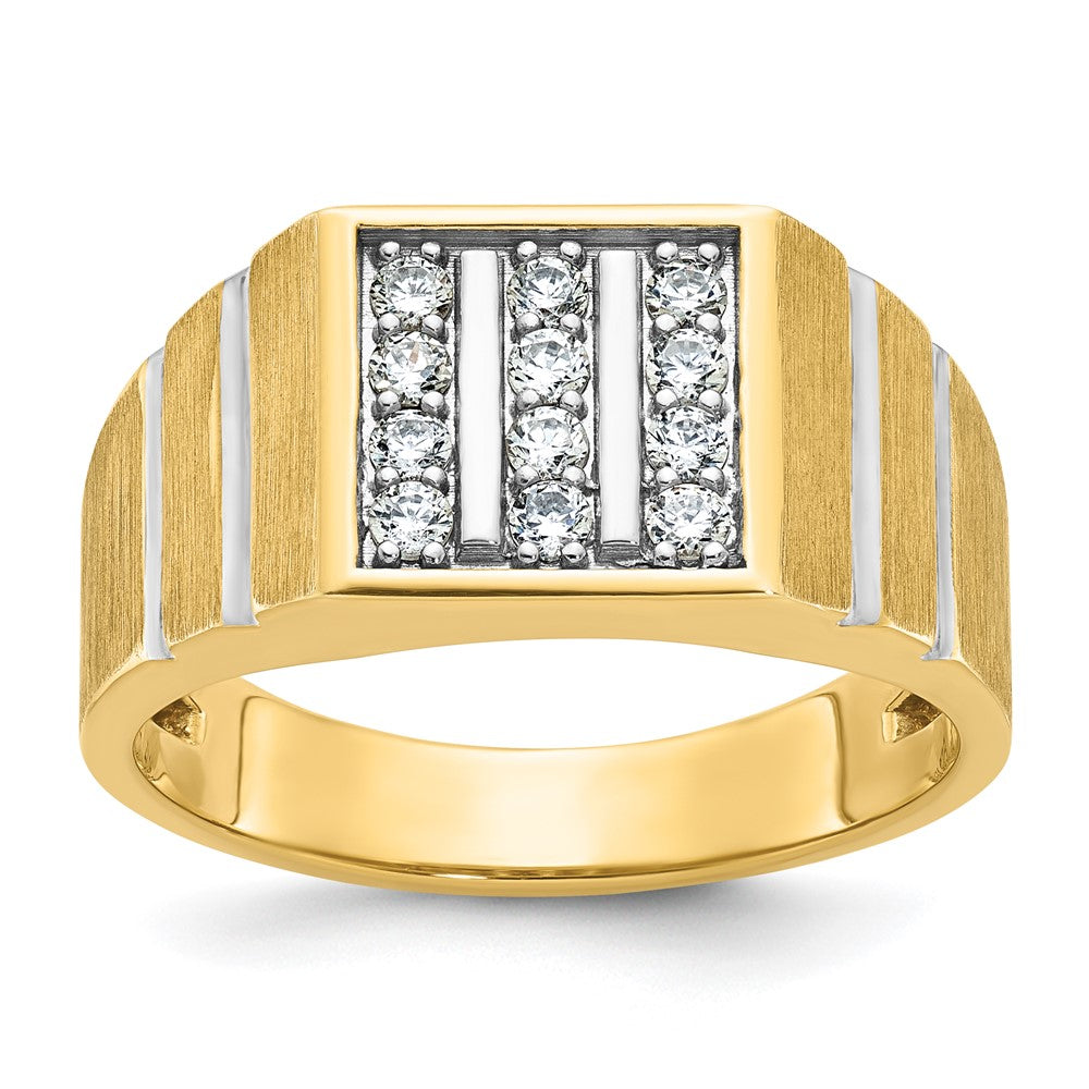 14k Yellow Gold  with White Rhodium 1/3 Ct. Lab Grown Diamond VS/SI+ G+ Polished Satin and Grooved Three Row Men's Cluster Ring