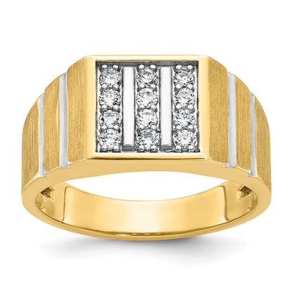 10k Yellow Gold  with White Rhodium 1/3 Ct. Lab Grown Diamond VS/SI+ G+ Polished Satin and Grooved Three Row Men's Cluster Ring