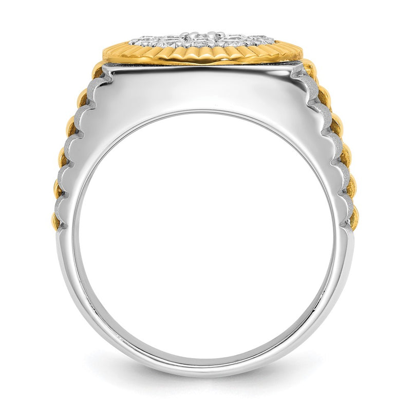 10K Two-Tone Ibgoodman 14K Men'S Polished Satin And Ribbed 1 1/8 Carat A Quality Diamond Round Cluster Ring