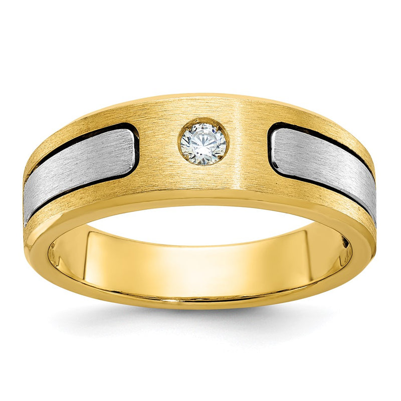 14k Two-tone Gold Men's Polished and Satin 1/10 carat Diamond Complete Ring