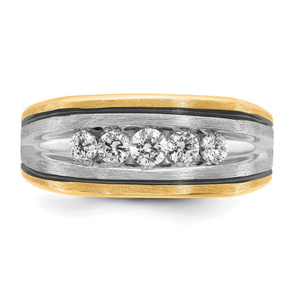 10K Two-Tone Ibgoodman With Black Rhodium Men'S Polished Satin And Grooved 5-Stone 1/2 Carat A Quality Diamond Ring