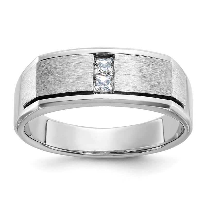 14k White Gold Men's Polished Antiqued and Satin 1/10 carat Diamond Complete Ring