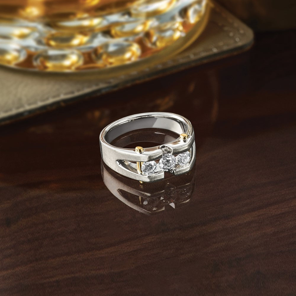 10K Two-Tone Ibgoodman Men'S Polished Satin And Cut-Out 3-Stone 3/4 Carat A Quality Diamond Ring
