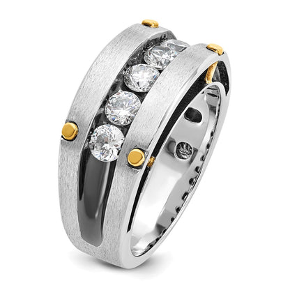 14k Two-tone  Two Tone with Black Rhodium 1 Ct. Lab Grown Diamond VS/SI+ G+ Five Stone Complete Polished Satin and Grooved Men's Ring