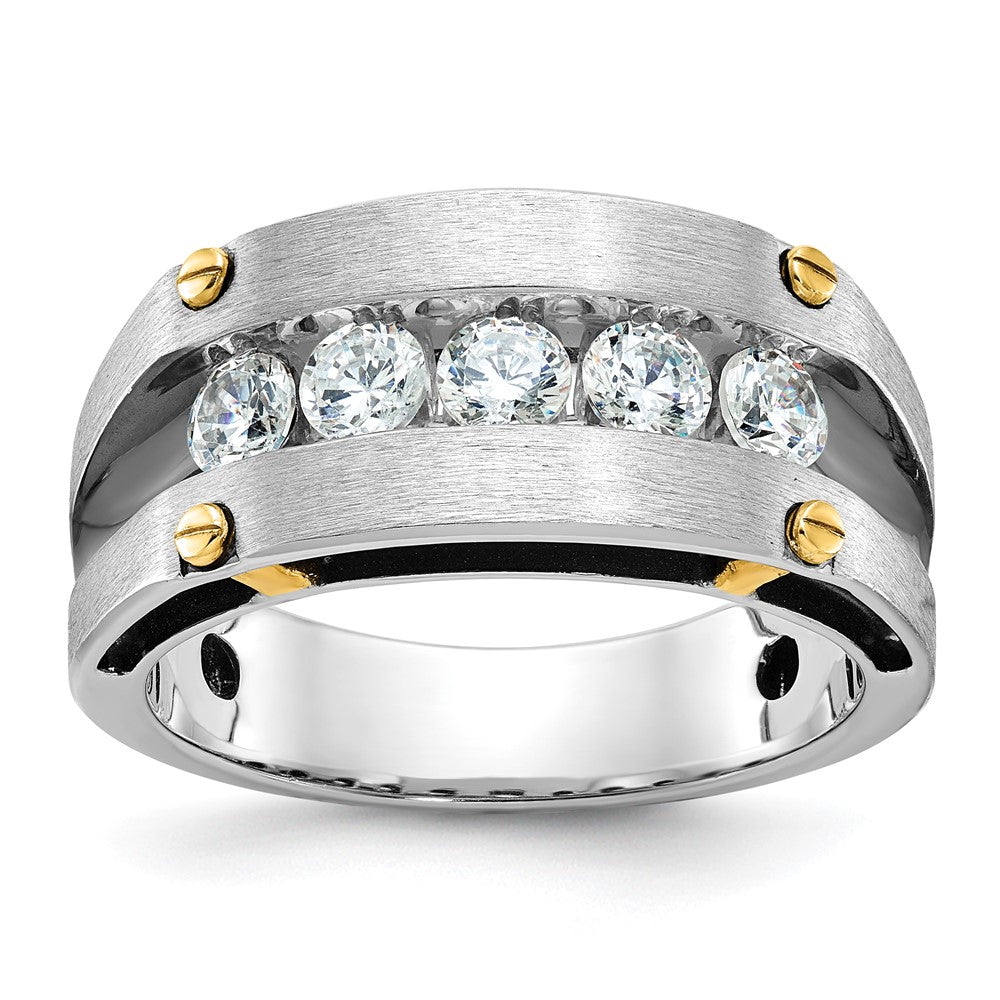 14k Two-tone  Two Tone with Black Rhodium 1 Ct. Lab Grown Diamond VS/SI+ G+ Five Stone Complete Polished Satin and Grooved Men's Ring