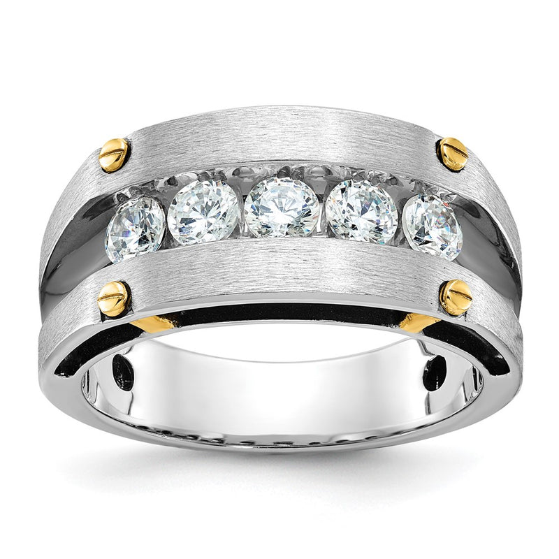14k Two-tone  Two Tone with Black Rhodium 1 Ct. Lab Grown Diamond VS/SI+ G+ Five Stone Complete Polished Satin and Grooved Men's Ring