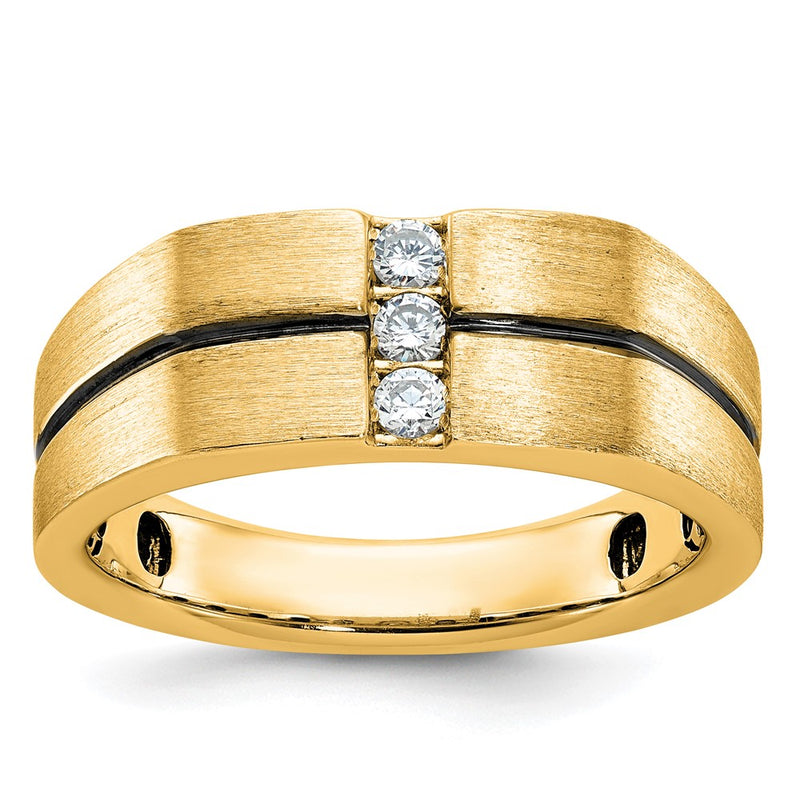 10K Yellow Gold Ibgoodman White With Black Rhodium Men'S Satin And Grooved 3-Stone 1/5 Carat A Quality Diamond Ring