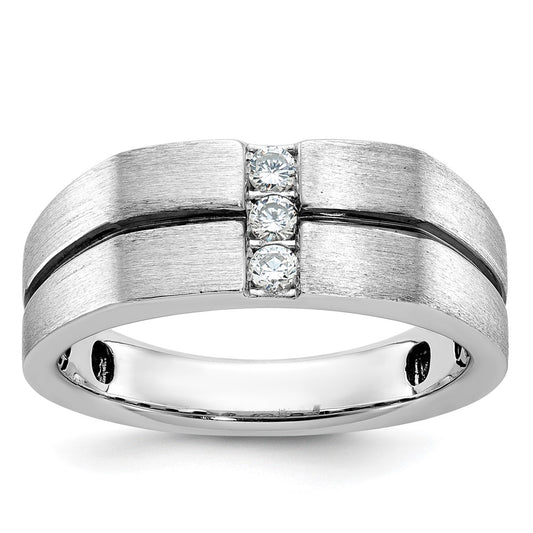 14k White Gold with Black Rhodium 1/5 Ct. Lab Grown Diamond VS/SI+ G+ Complete Satin and Grooved Three Stone Men's Ring