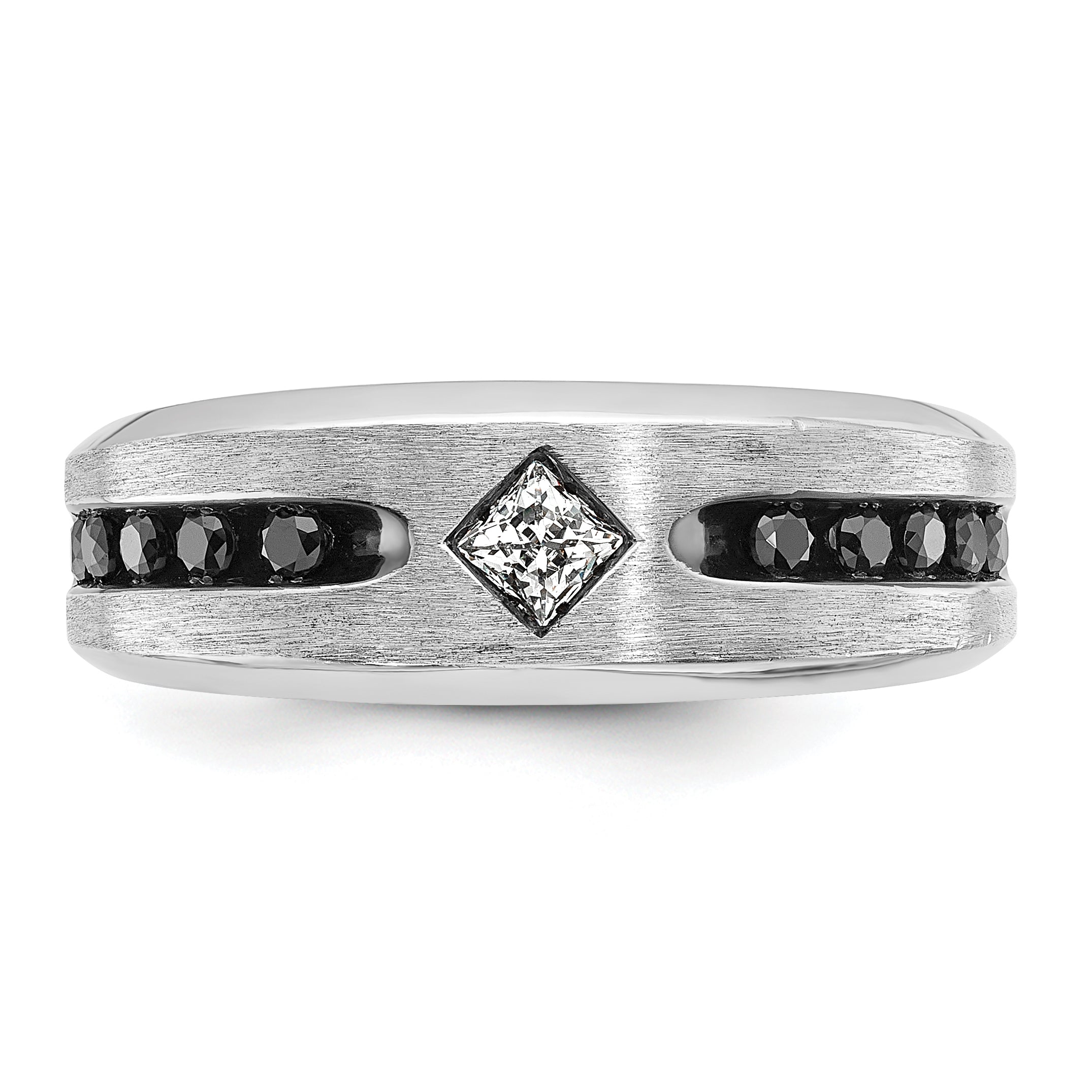 14k White Gold Men's Satin 1/2 carat Black and White Diamond Complete Ring
