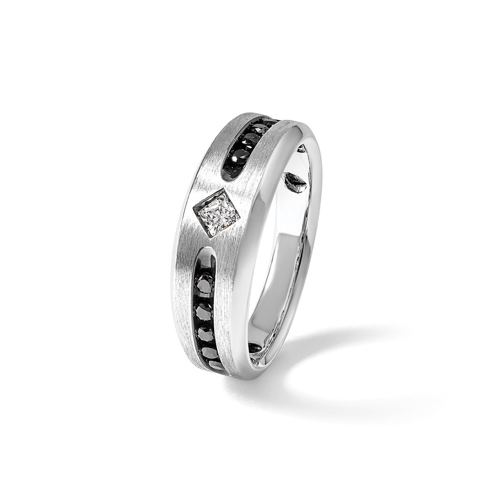 14k White Gold Men's Satin 1/2 carat Black and White Diamond Complete Ring