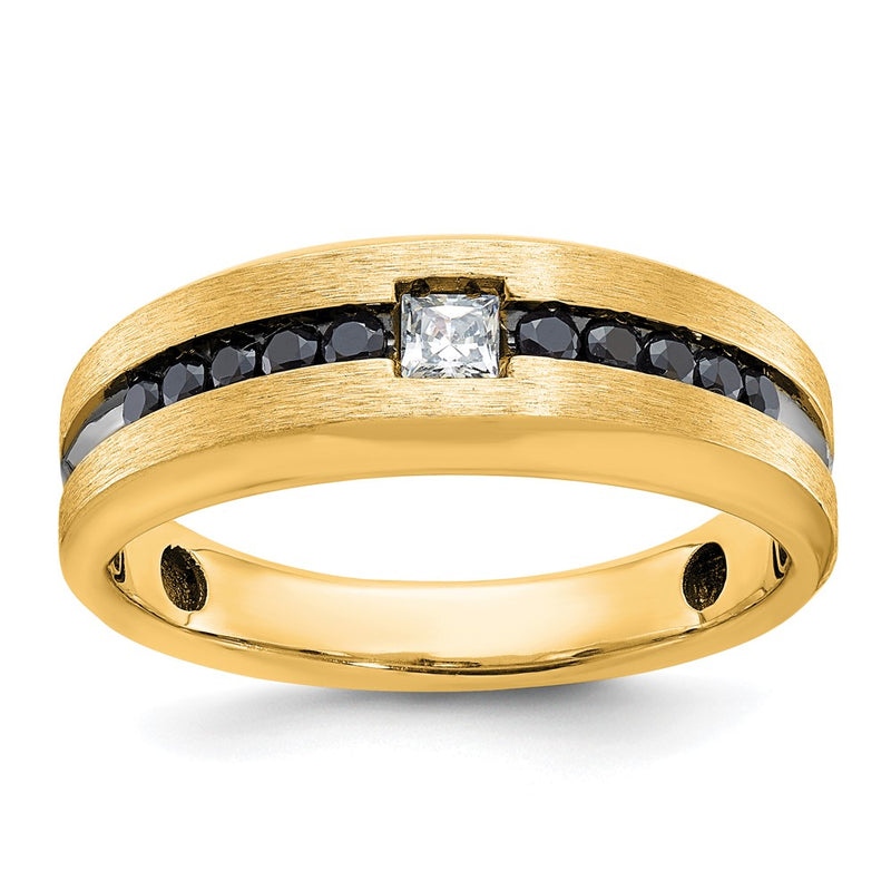 10K Yellow Gold With Black Rhodium Ibgoodman Men'S Polished And Brushed White Diamond Ring