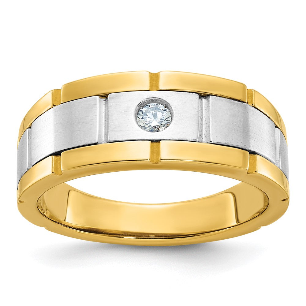 10K Two-Tone Ibgoodman Men'S Polished Satin And Grooved 1/10 Carat A Quality Diamond Ring