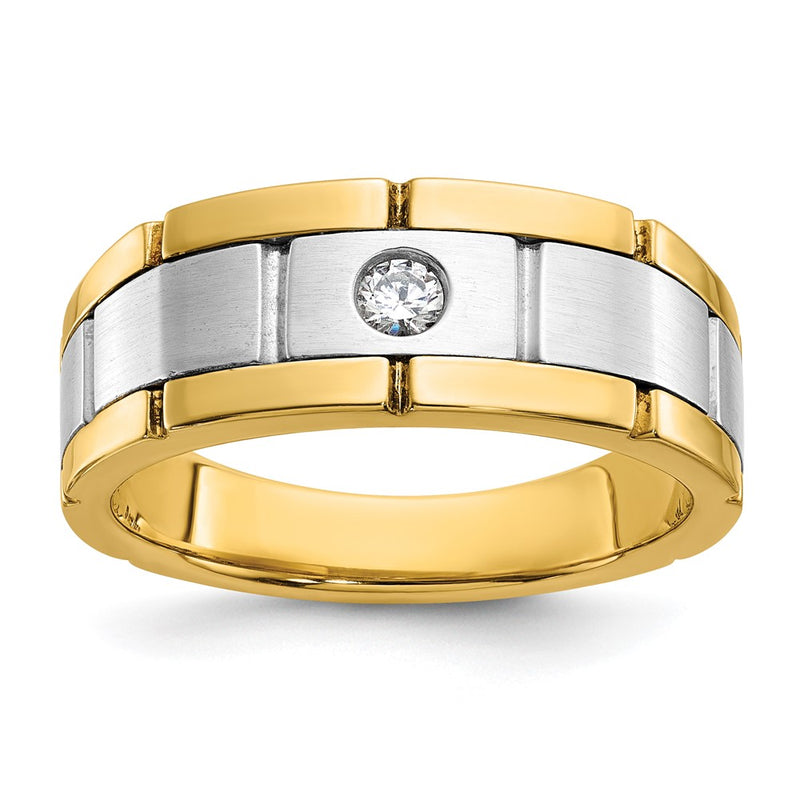 14k Two-tone Gold Men's Polished and Satin 1/10 carat Diamond Complete Ring