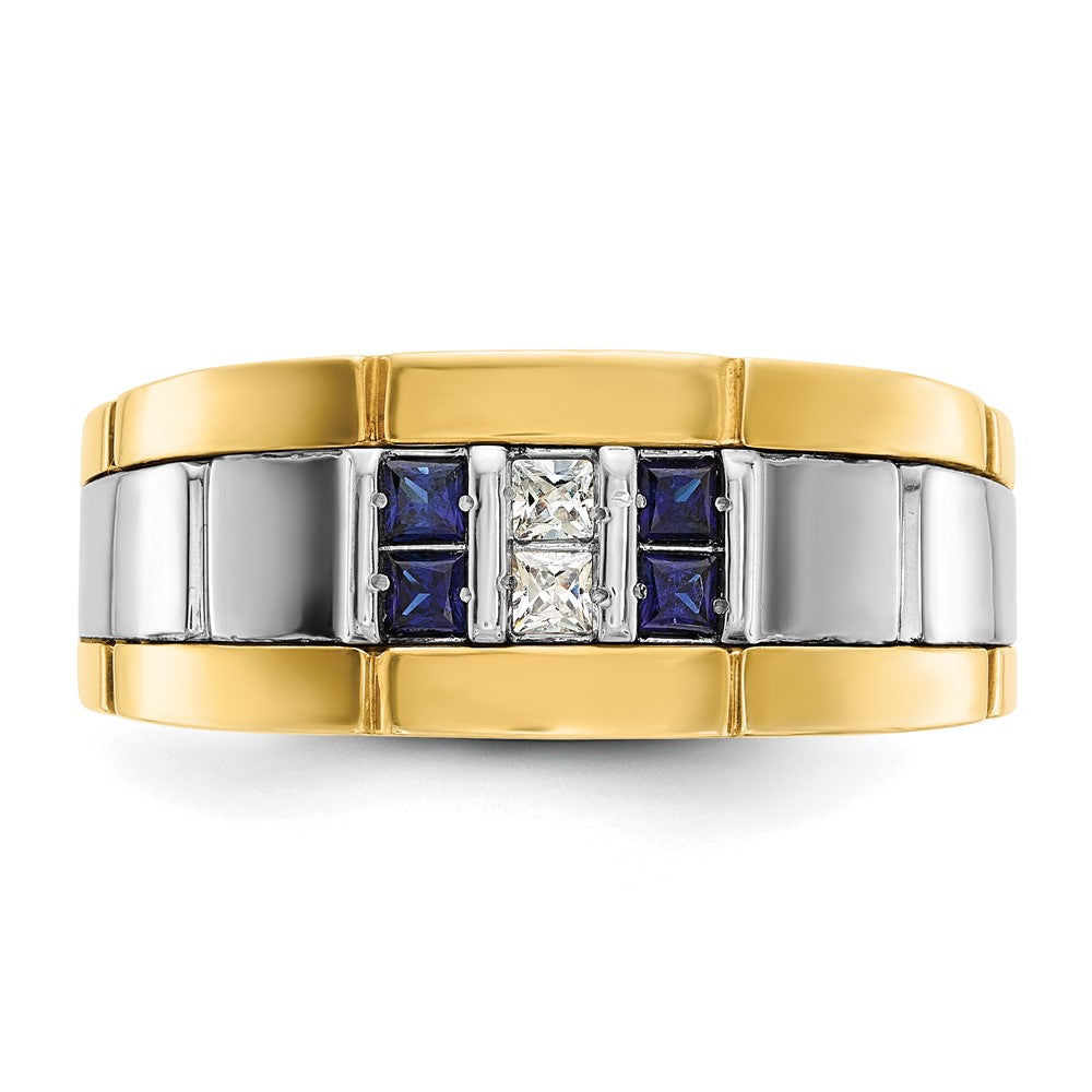 10K Two-Tone Ibgoodman Men'S Polished And Grooved Lab Created Sapphire 1/10 Carat A Quality Diamond Ring