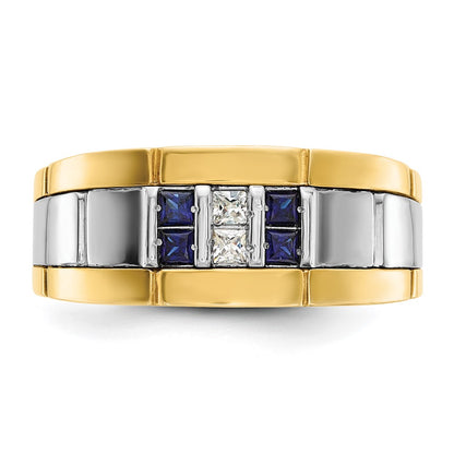 10K Two-Tone Ibgoodman Men'S Polished And Grooved Lab Created Sapphire 1/10 Carat A Quality Diamond Ring