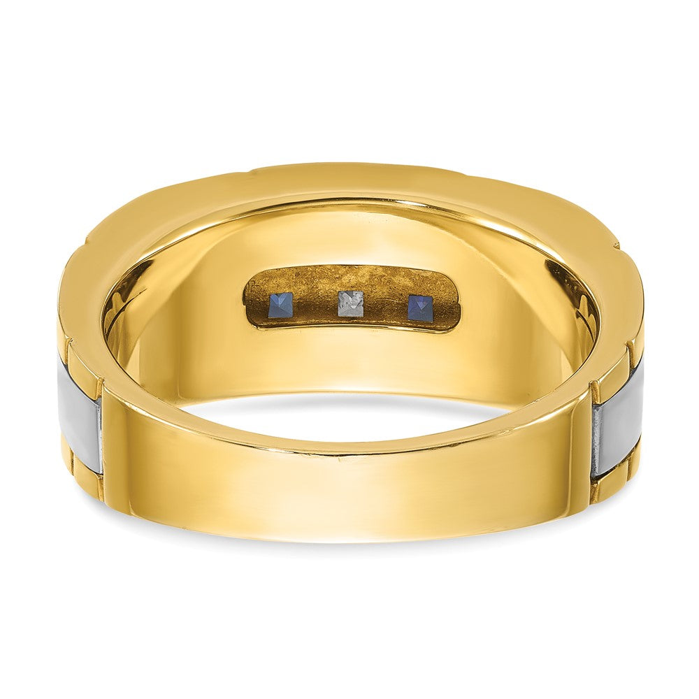 10K Two-Tone Ibgoodman Men'S Polished And Grooved Lab Created Sapphire 1/10 Carat A Quality Diamond Ring