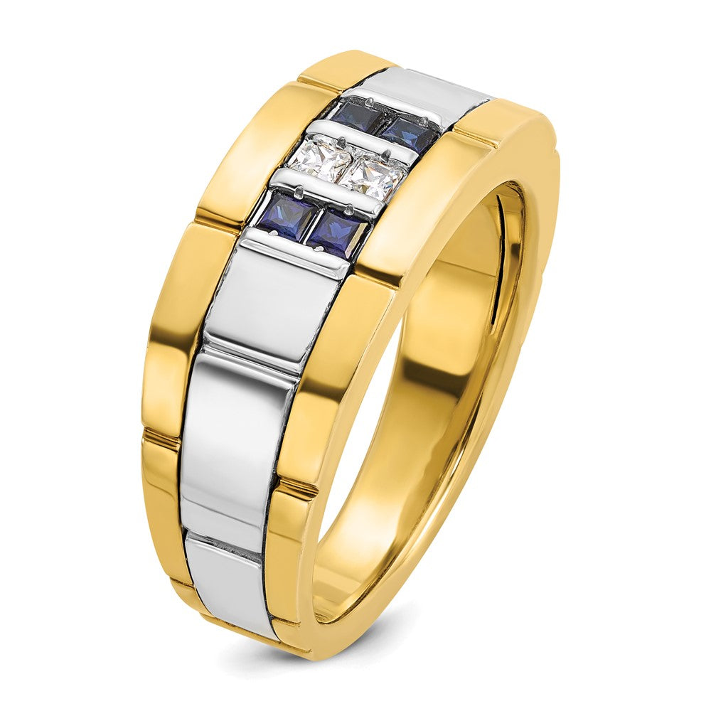 10K Two-Tone Ibgoodman Men'S Polished And Grooved Lab Created Sapphire 1/10 Carat A Quality Diamond Ring