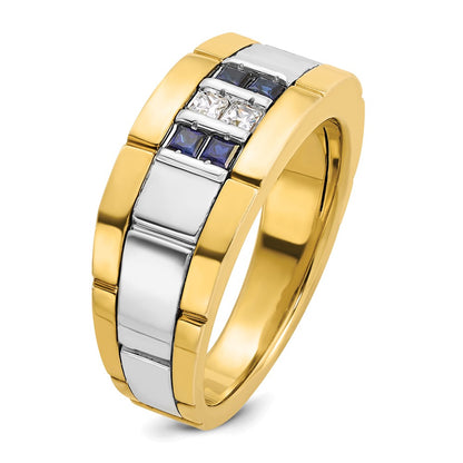 10K Two-Tone Ibgoodman Men'S Polished And Grooved Lab Created Sapphire 1/10 Carat A Quality Diamond Ring