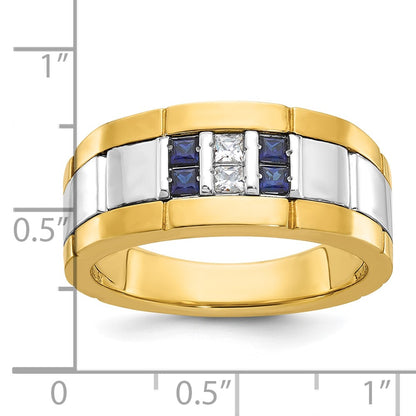 10K Two-Tone Ibgoodman Men'S Polished And Grooved Lab Created Sapphire 1/10 Carat A Quality Diamond Ring