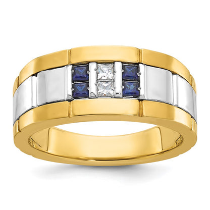10K Two-Tone Ibgoodman Men'S Polished And Grooved Lab Created Sapphire 1/10 Carat A Quality Diamond Ring