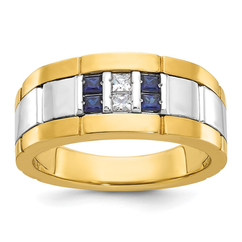 10K Two-Tone Ibgoodman Men'S Polished And Grooved Lab Created Sapphire 1/10 Carat A Quality Diamond Ring