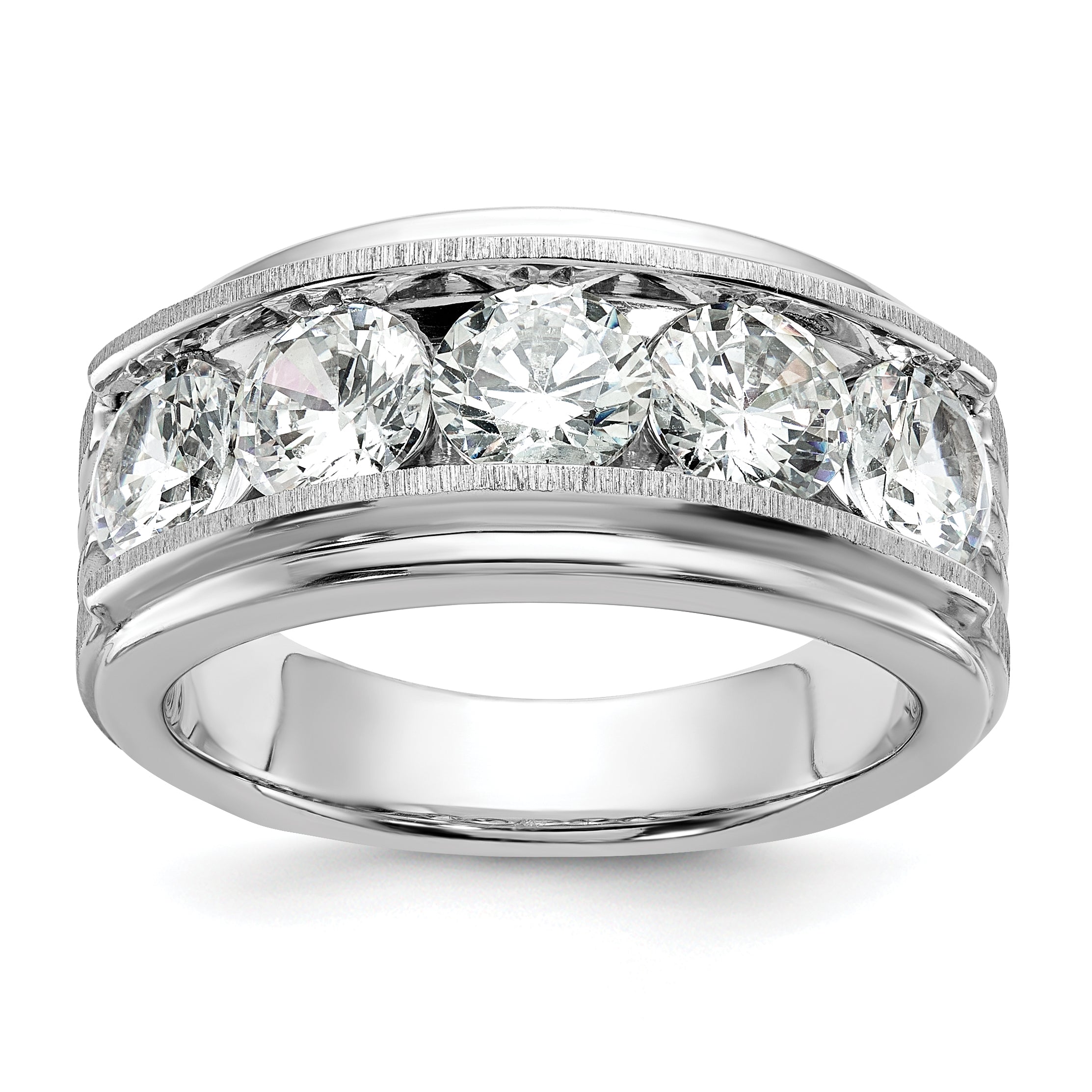14K White Gold True Origin Ibgoodman 3 1/2 Carat Lab Grown Diamond Vs+ F+ Five Stone Complete Polished Brushed And Grooved Men'S Ring