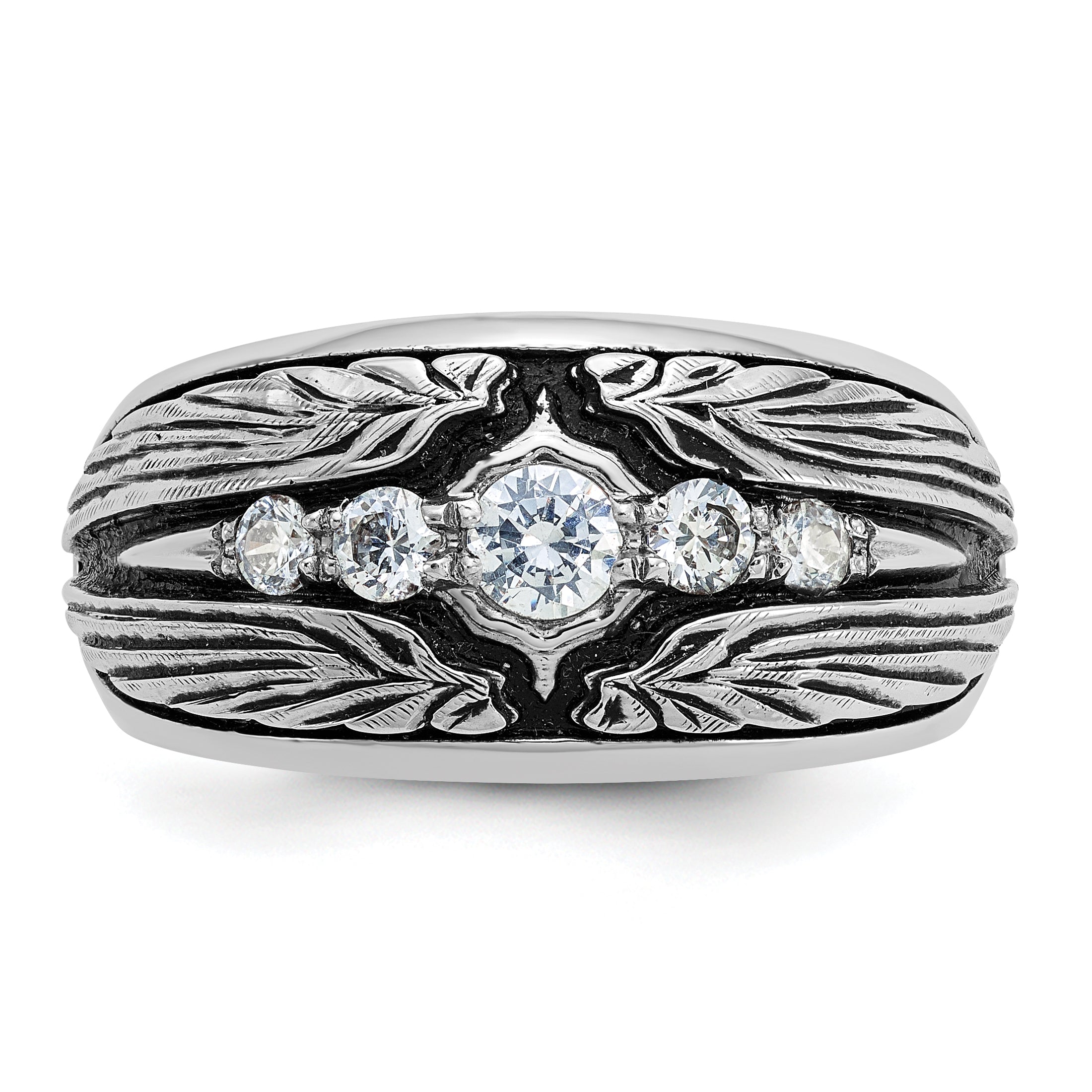 14K White Gold Ibgoodman With Black Rhodium Men'S Polished And Textured 5-Stone 1/2 Carat Aa Quality Diamond Ring