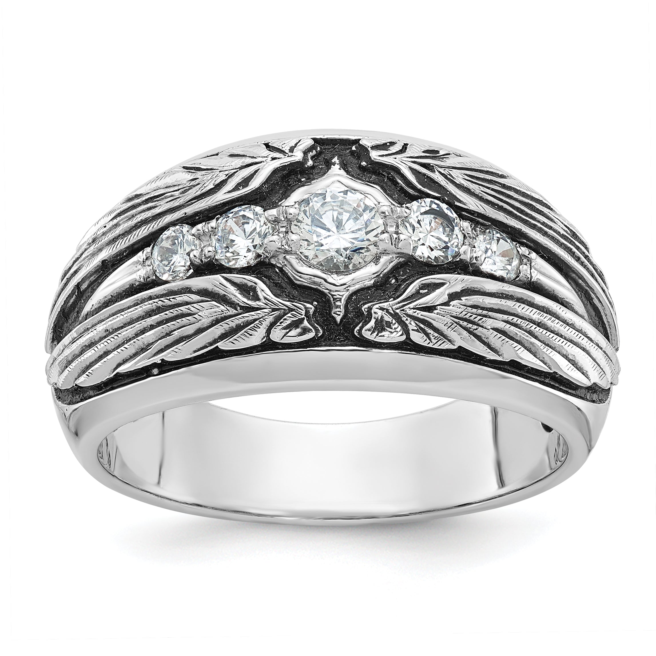 14K White Gold Ibgoodman With Black Rhodium Men'S Polished And Textured 5-Stone 1/2 Carat Aa Quality Diamond Ring