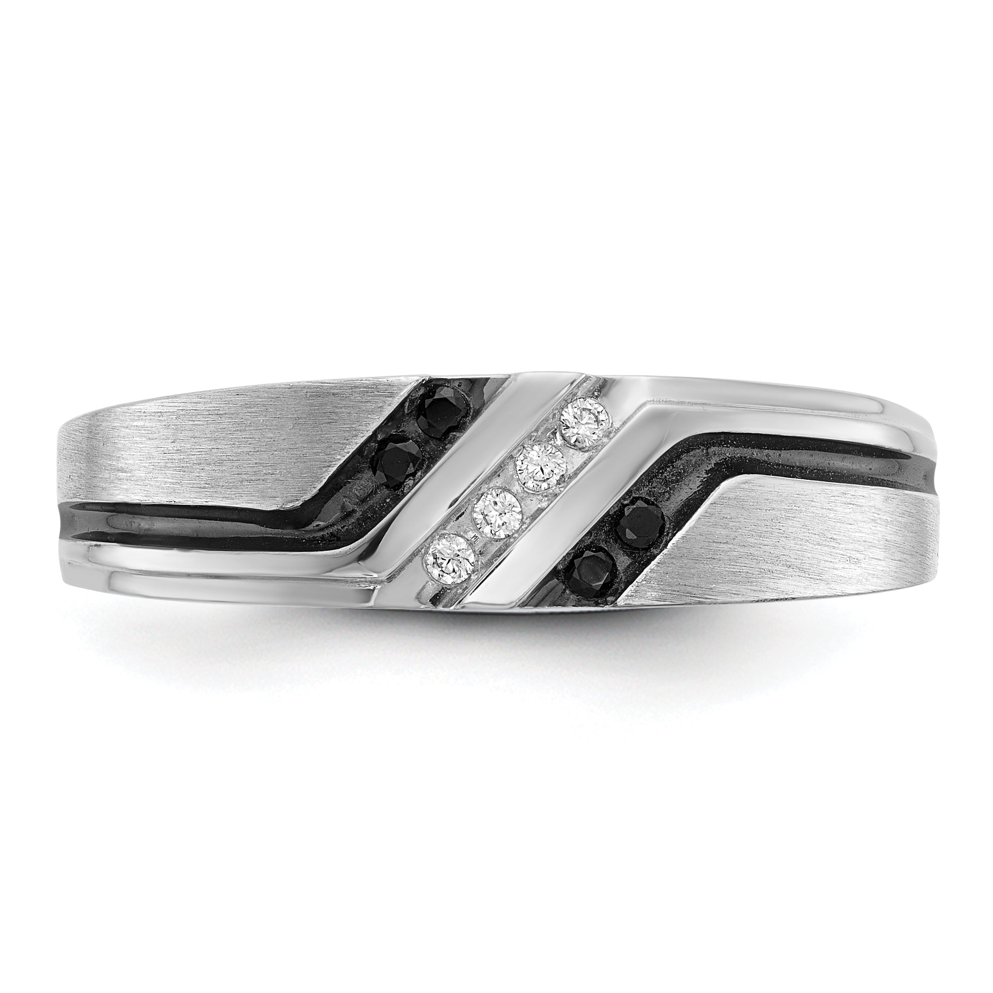 14k White Gold with Black Rhodium Men's Satin 1/8 carat Black and White Diamond Complete Ring