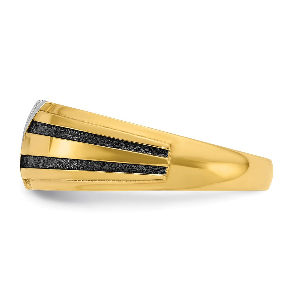 10K Yellow W/Rhodium Ibgoodman With Black And White Rhodium Men'S Polished Satin Grooved 1/20 Carat A Quality Diamond Ring