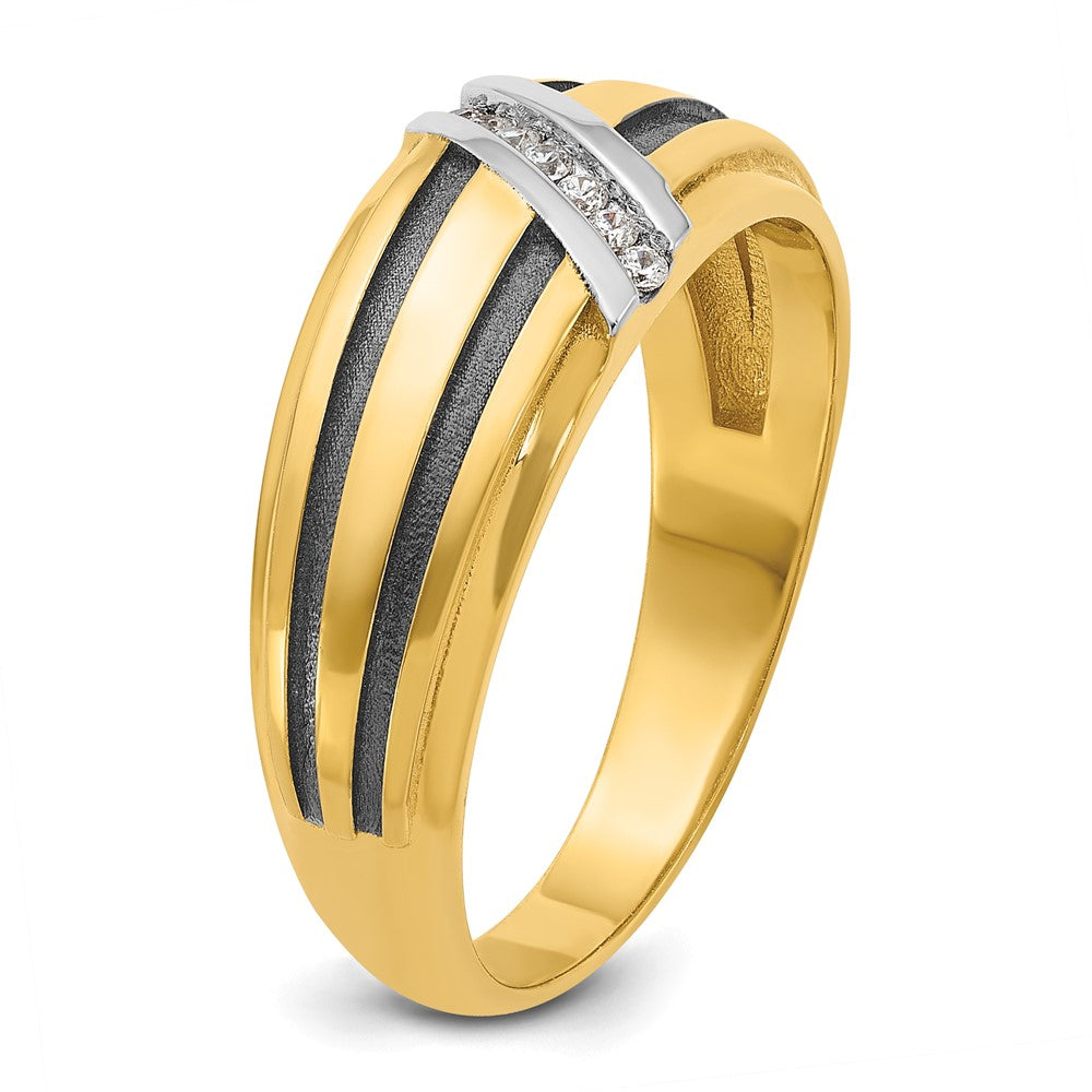 10K Yellow W/Rhodium Ibgoodman With Black And White Rhodium Men'S Polished Satin Grooved 1/20 Carat A Quality Diamond Ring