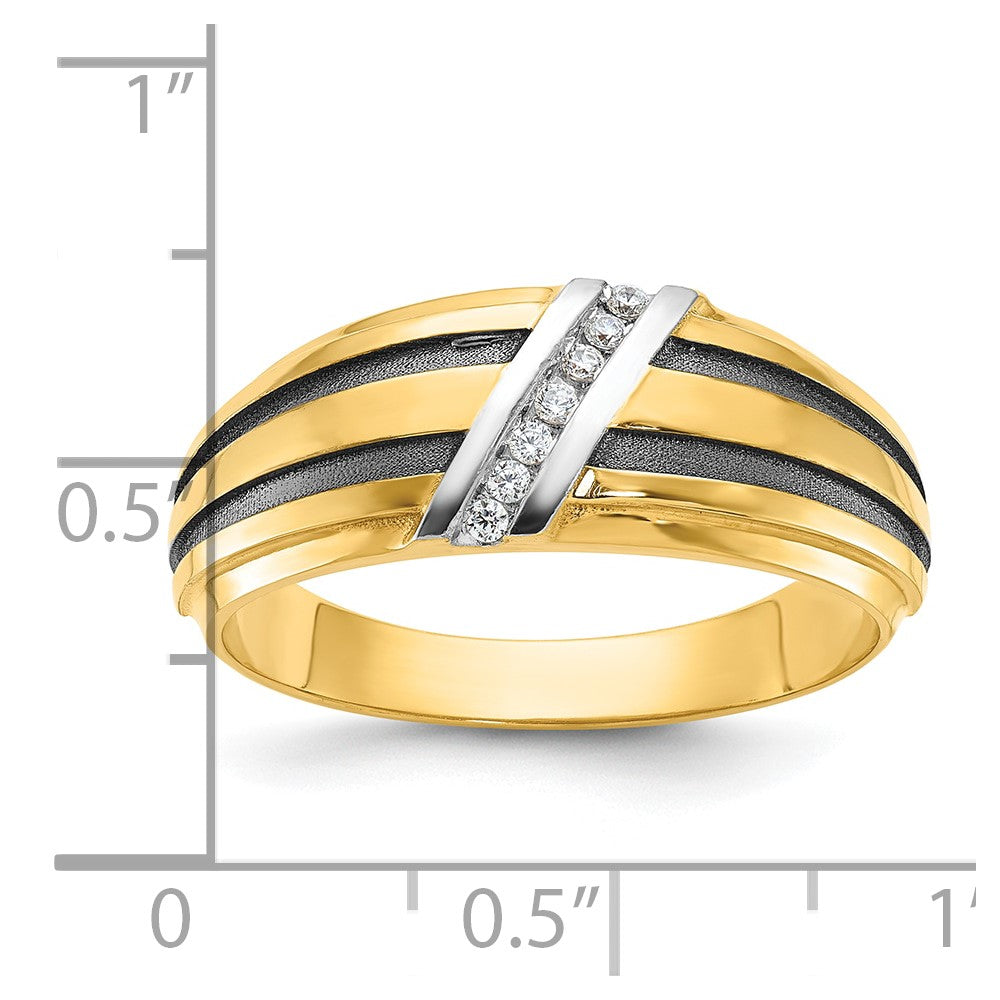 10K Yellow W/Rhodium Ibgoodman With Black And White Rhodium Men'S Polished Satin Grooved 1/20 Carat A Quality Diamond Ring