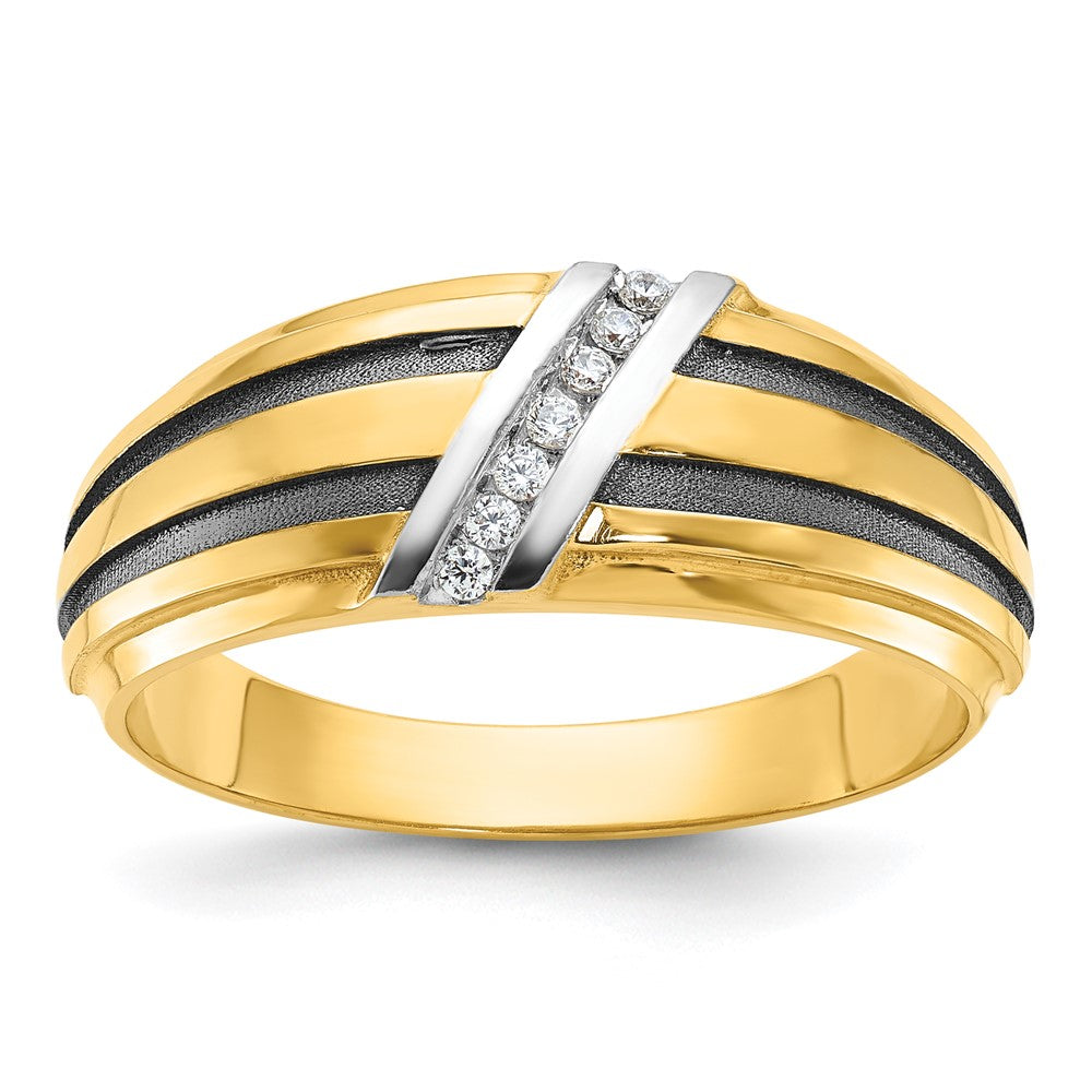 10K Yellow W/Rhodium Ibgoodman With Black And White Rhodium Men'S Polished Satin Grooved 1/20 Carat A Quality Diamond Ring
