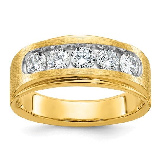 14K Yellow Gold 1 carat Lab Grown Diamond VS+ F+ Complete Polished and Brushed Five Stone Men's Wedding Band Ring