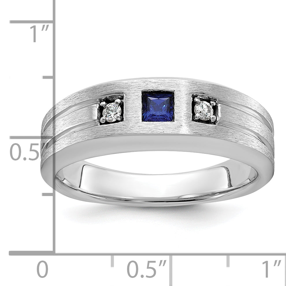 14k White Gold Men's Satin Lab Created Sapphire and 1/15 carat Diamond Complete Ring