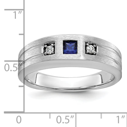 14k White Gold Men's Satin Lab Created Sapphire and 1/15 carat Diamond Complete Ring