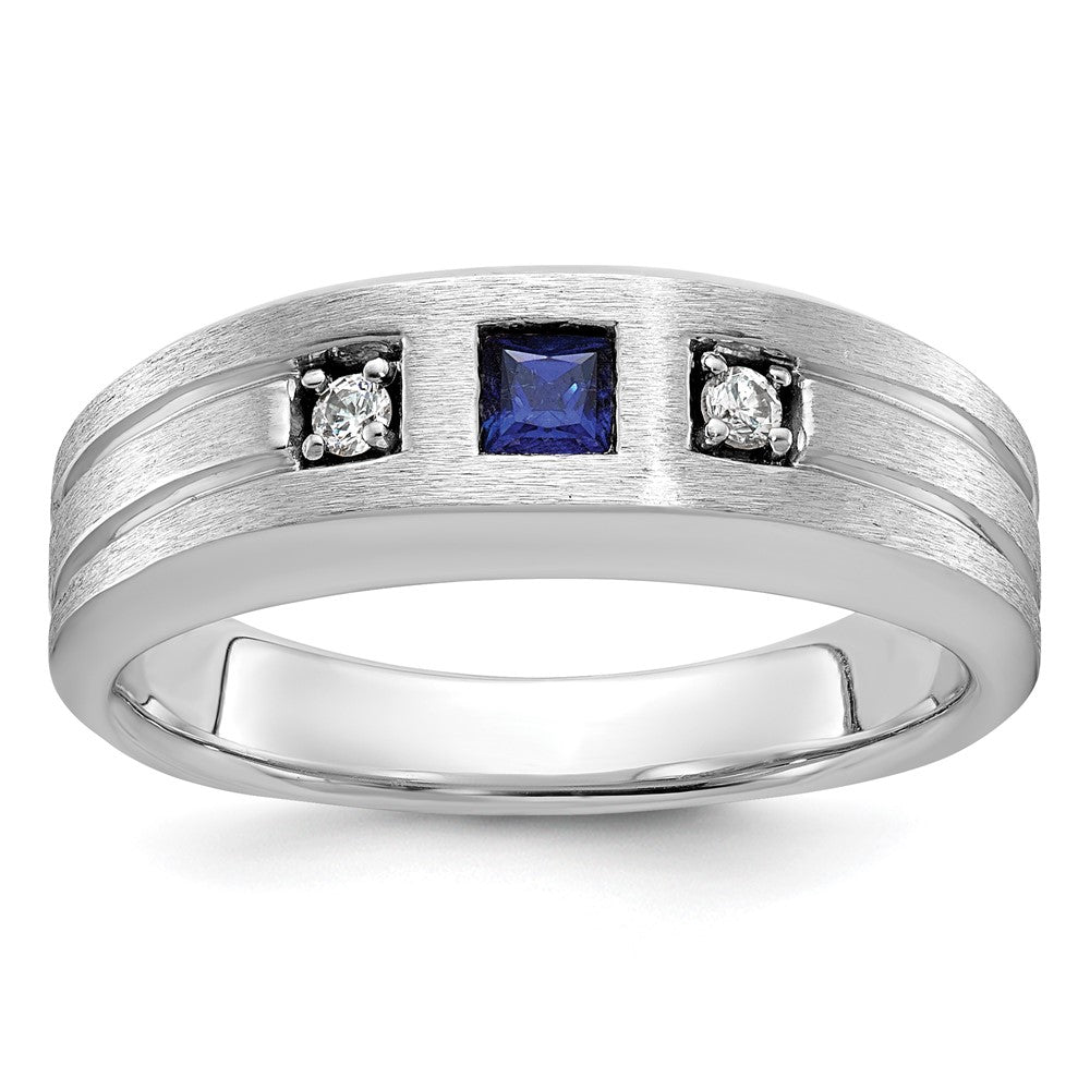 14k White Gold Men's Satin Lab Created Sapphire and 1/15 carat Diamond Complete Ring