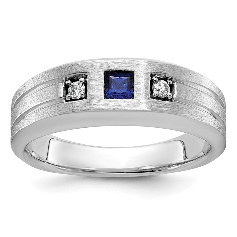 14k White Gold Men's Satin Lab Created Sapphire and 1/15 carat Diamond Complete Ring