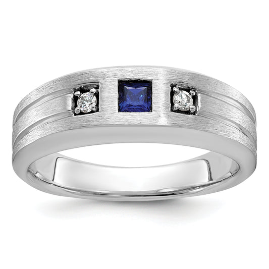 14k White Gold Men's Satin Lab Created Sapphire and 1/15 carat Diamond Complete Ring