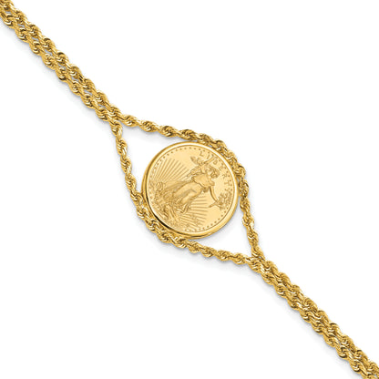 14K Yellow Gold Wideband Distinguished Coin Jewelry Polished Double Rope Mounted 1/10Oz American Eagle Prong Set Bezel Bracelet