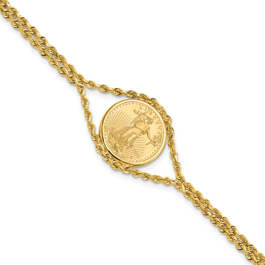 14K Yellow Gold Wideband Distinguished Coin Jewelry Polished Double Rope Mounted 1/10Oz American Eagle Prong Set Bezel Bracelet