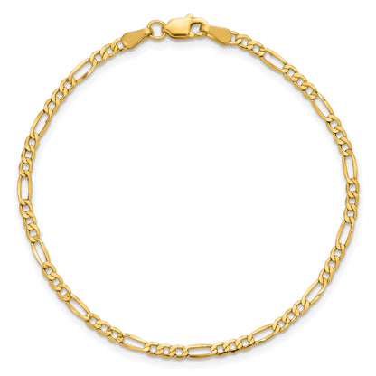14K Yellow Gold 10 inch 2.5mm Semi-Solid Figaro with Lobster Clasp Anklet