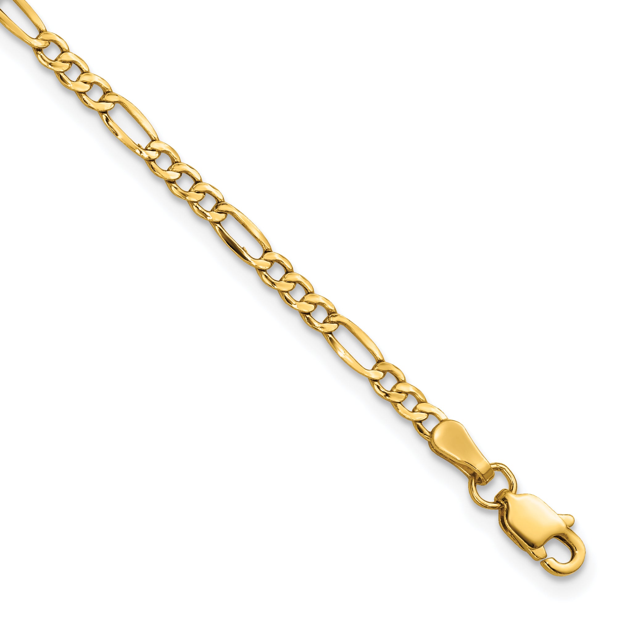 8 Inch 14K Yellow Gold 2.5mm Semi-Solid Figaro Chain Bracelet